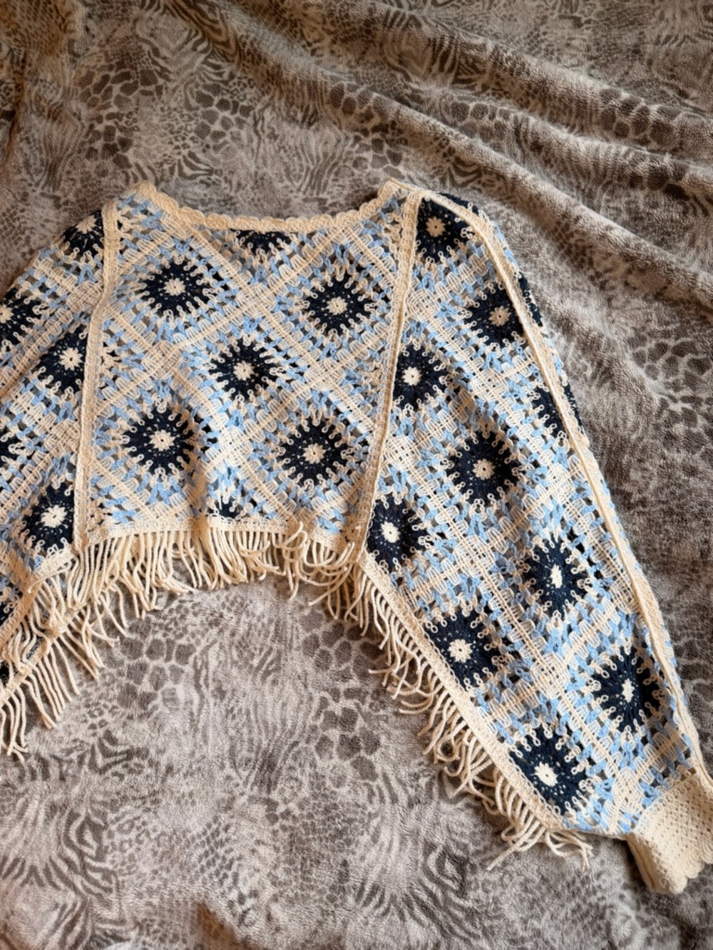 House of Harlow 1960 Crochet Fringe Shrug in Cream, Light Blue & Navy